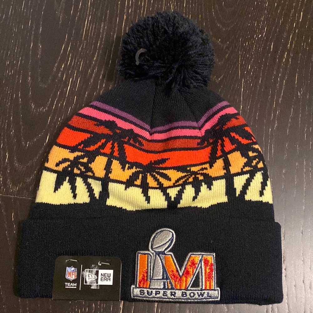 NFL Super Bowl (56) LVI Los Angeles Palm Tree Black Knit Beanie W Pom New Era